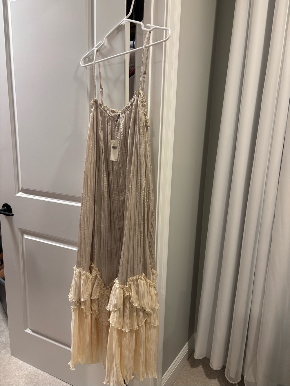 Anthropologie Taupe and Cream Ruffle-Hem Maxi Dress
